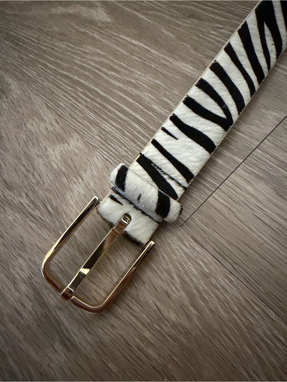 Zebra Print Leather Belt with Gold Buckle - Picture 3 of 6